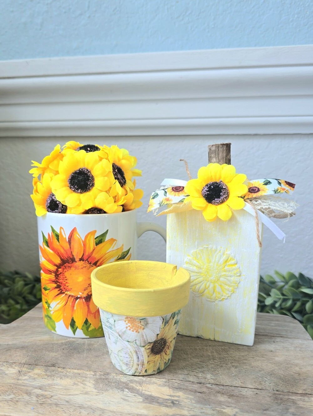 Shabby Chic Sunflower Decor Bundle * Coffee Mug * Pumpkin * Mini Pot
